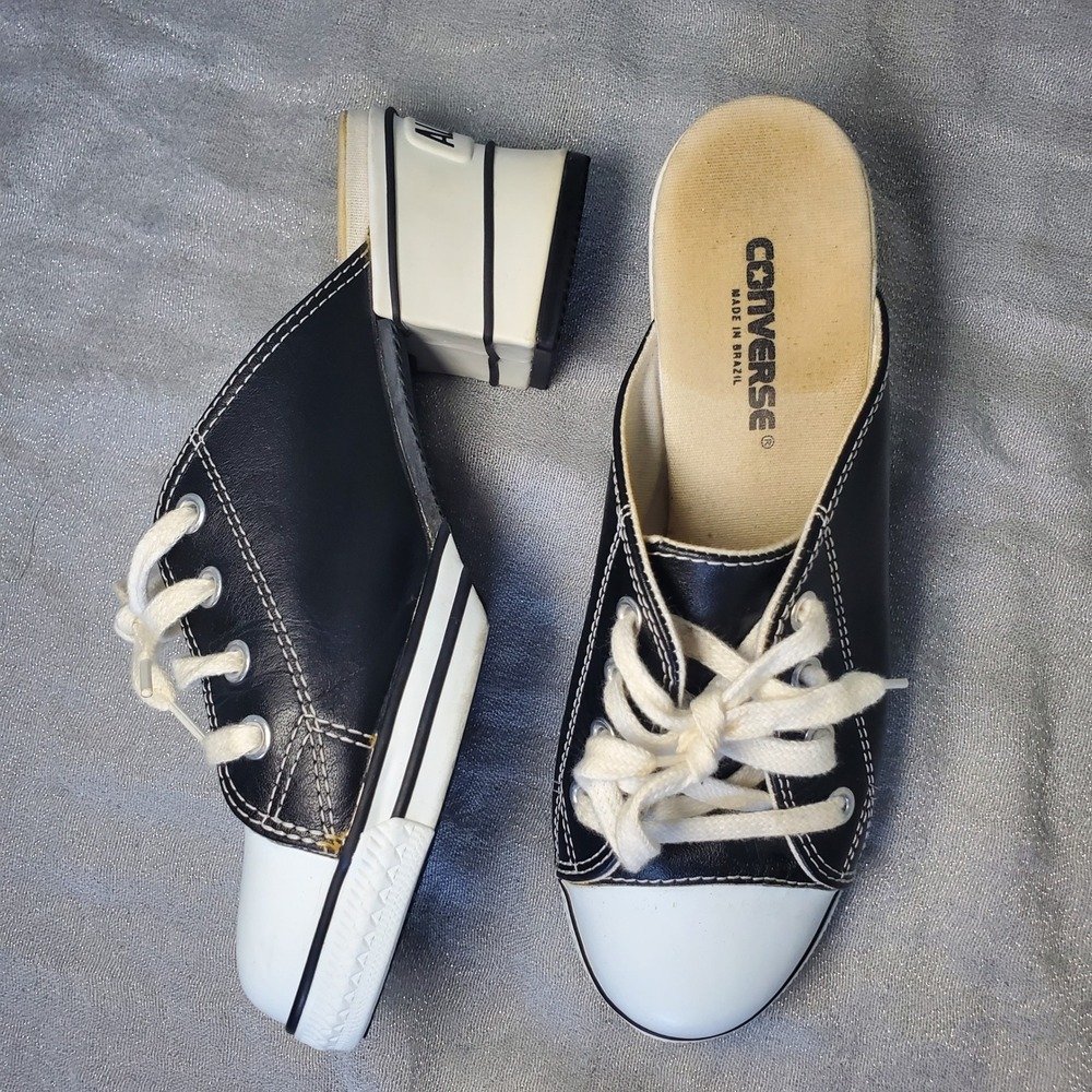 RARE 90s vtg‎ Converse All Star Black White Canvas Mule Wedge Heels Women  5.5